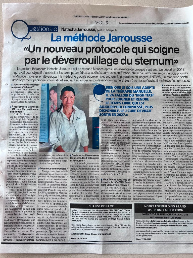 L'Express Mauritius full-page interview — La méthode Jarrousse: un nouveau protocole qui soigne par le déverrouillage du sternum